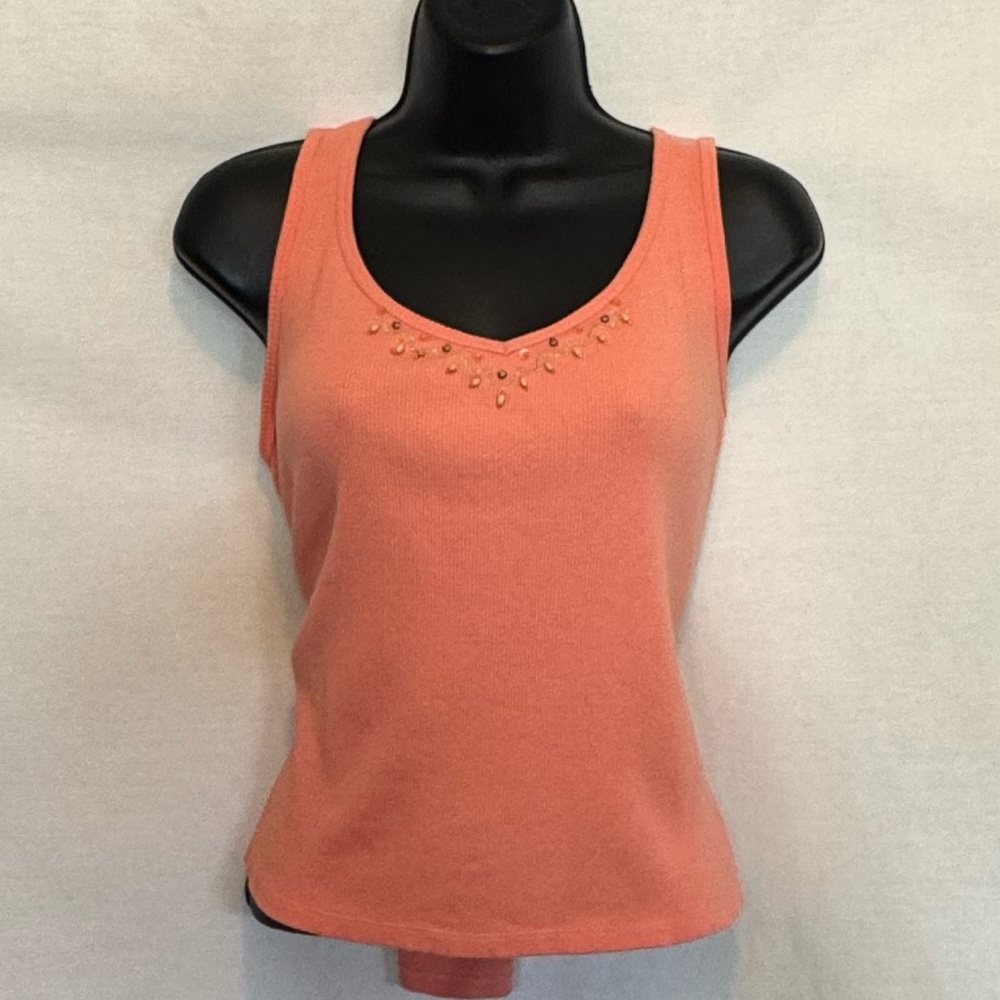 F-137 JH Collectibles Coral Beaded Detail‎ Sleeveless Ribbed Tank Top Size XL